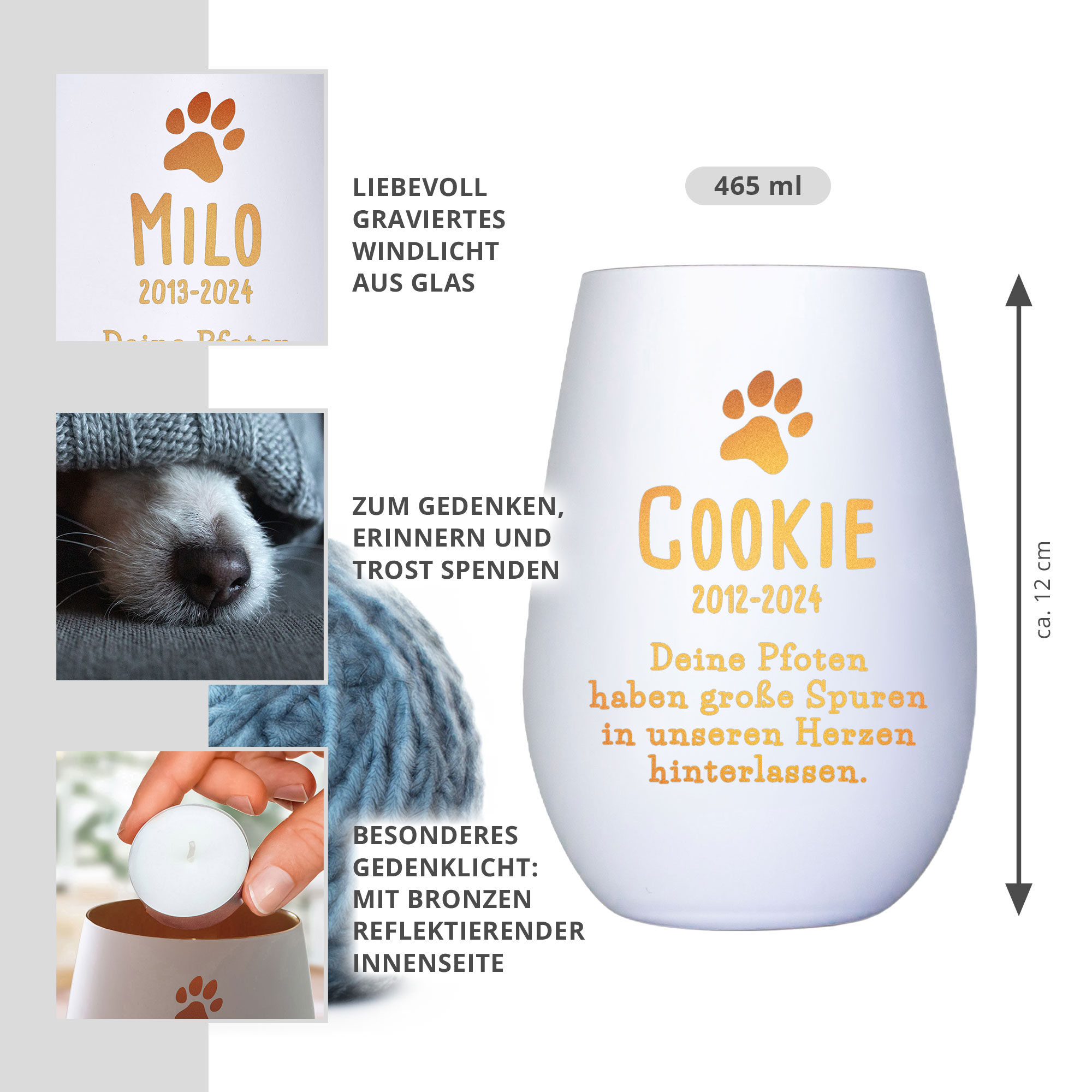 Personalisiertes Windlicht zur Trauer Hund - Weiß Bronze
