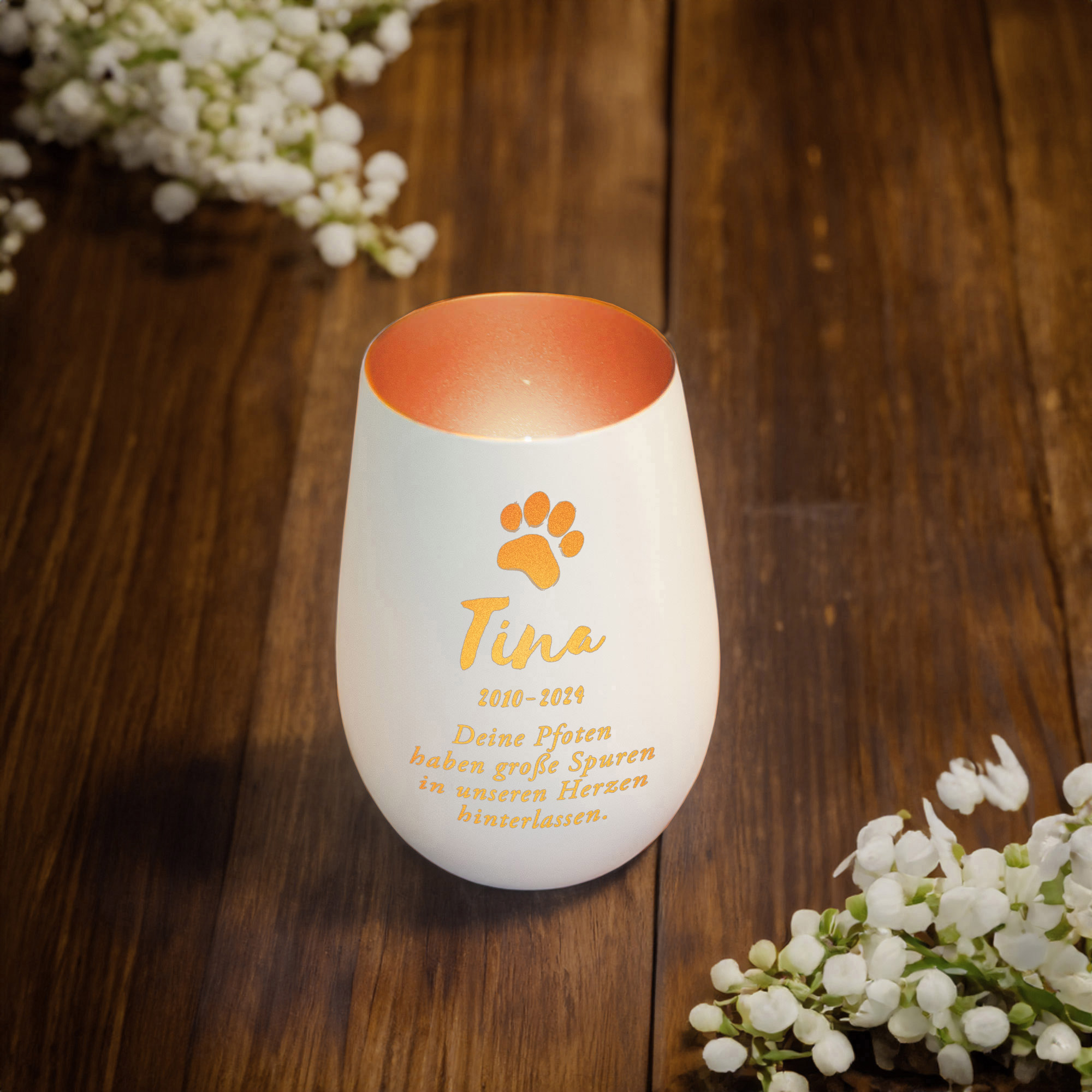 Personalisiertes Windlicht zur Trauer Katze - Weiß Bronze