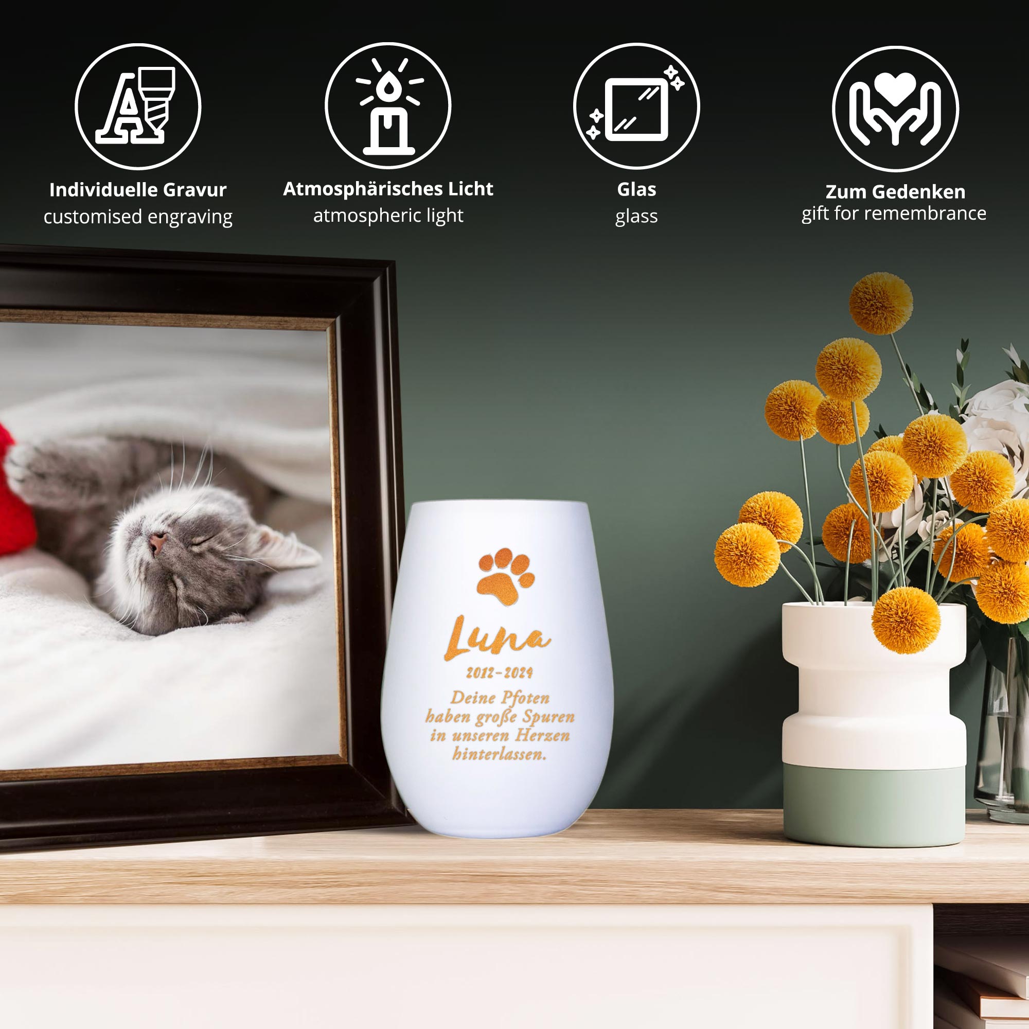 Personalisiertes Windlicht zur Trauer Katze - Weiß Bronze