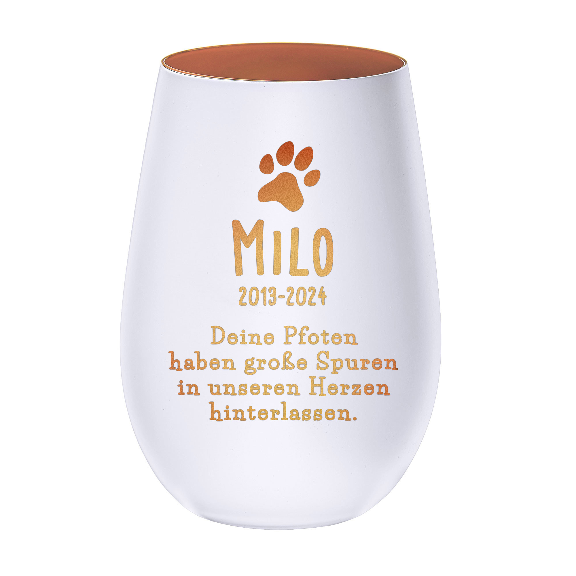 Personalisiertes Windlicht zur Trauer Hund - Weiß Bronze
