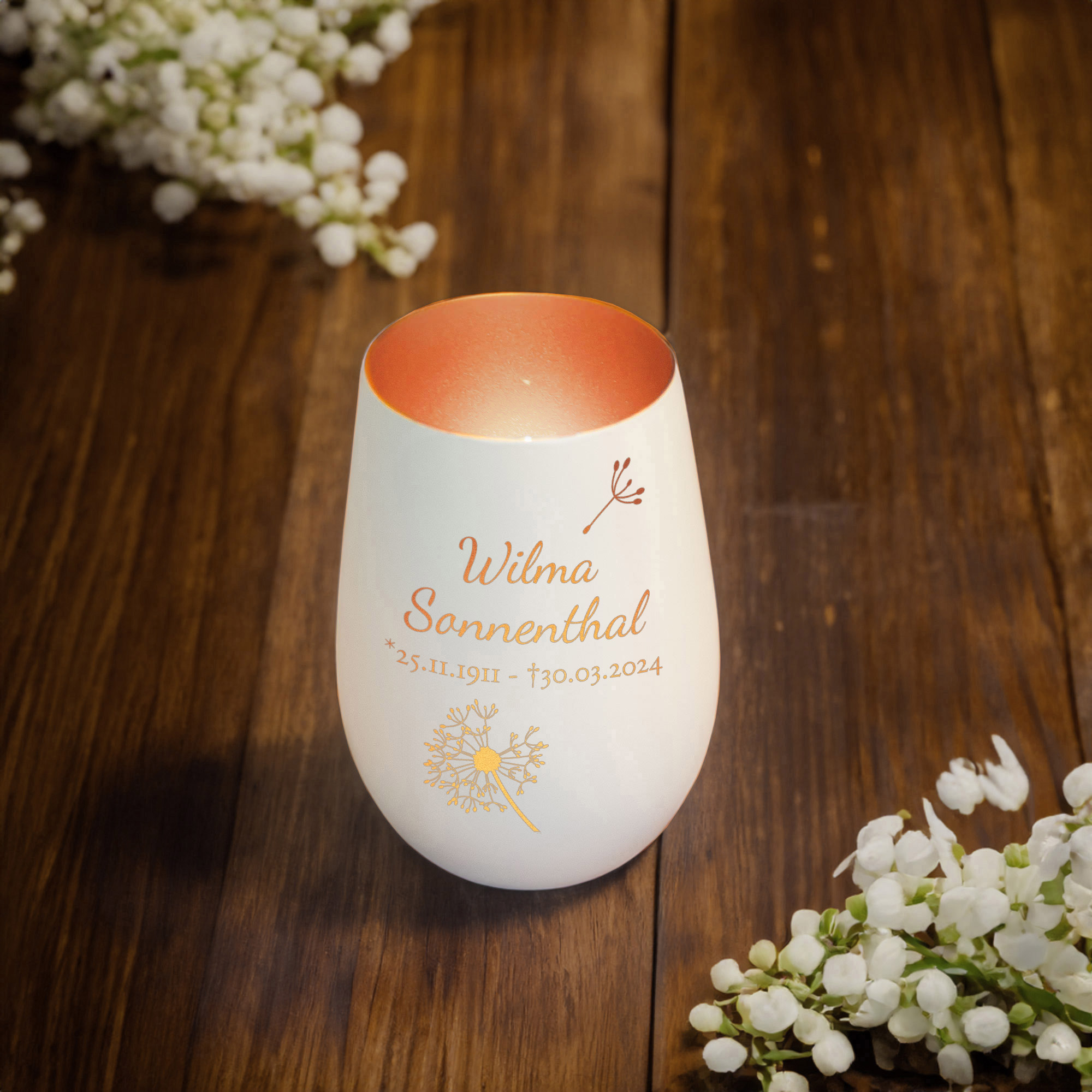 Personalisiertes Windlicht mit Trauerblume - Weiß Bronze
