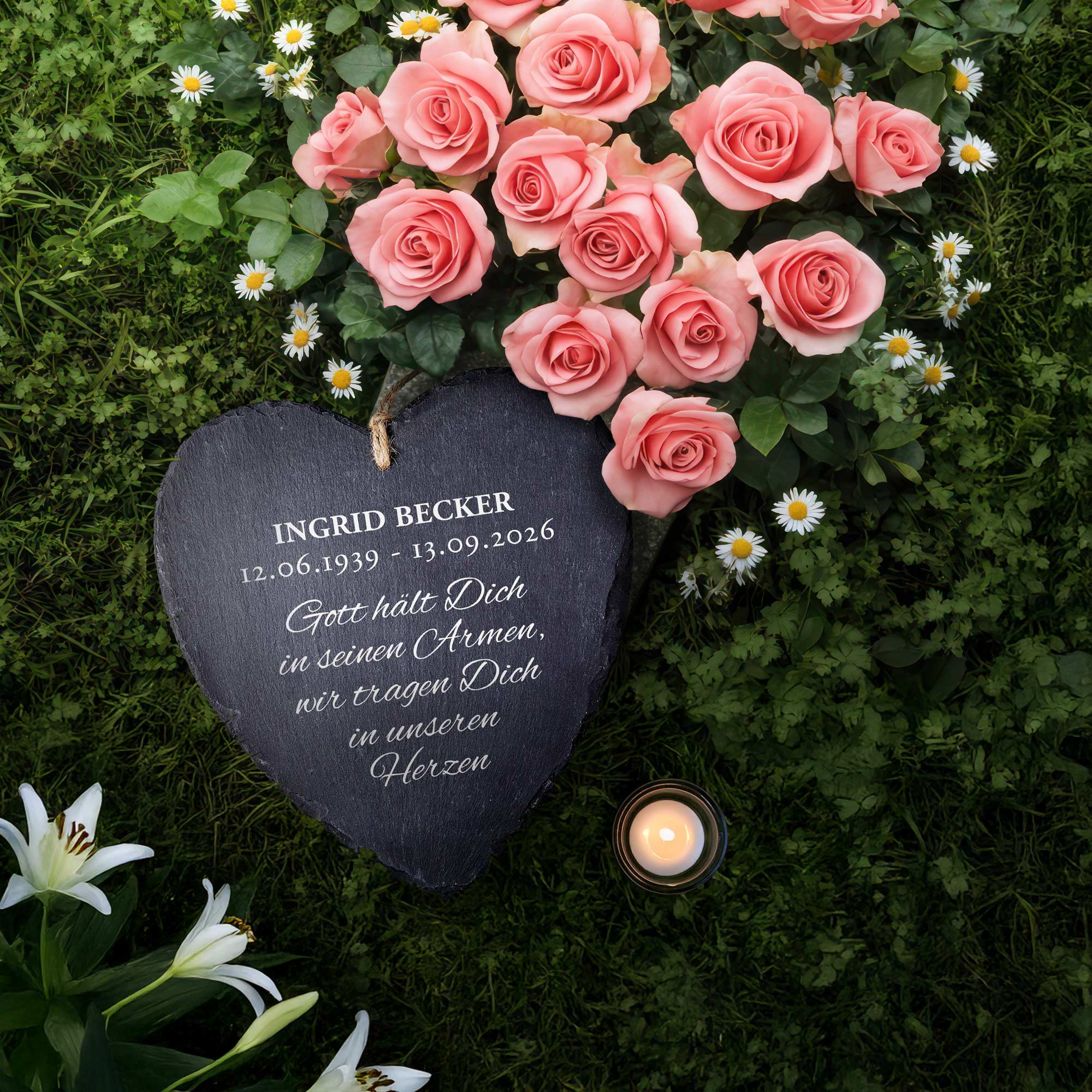 Personalisiertes Schieferherz - Gott hält dich in seinen Armen