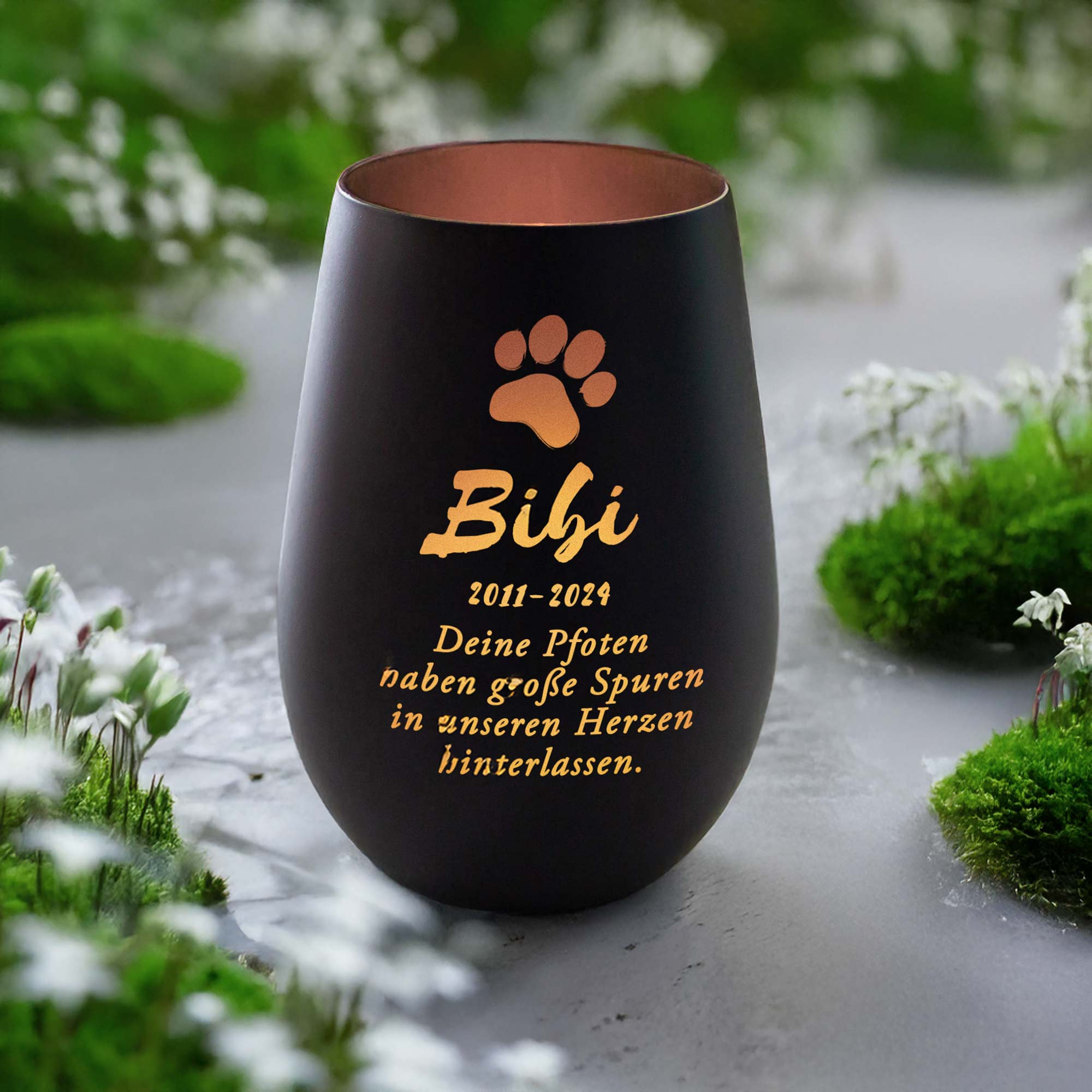 Personalisiertes Windlicht zur Trauer Katze - Schwarz Bronze