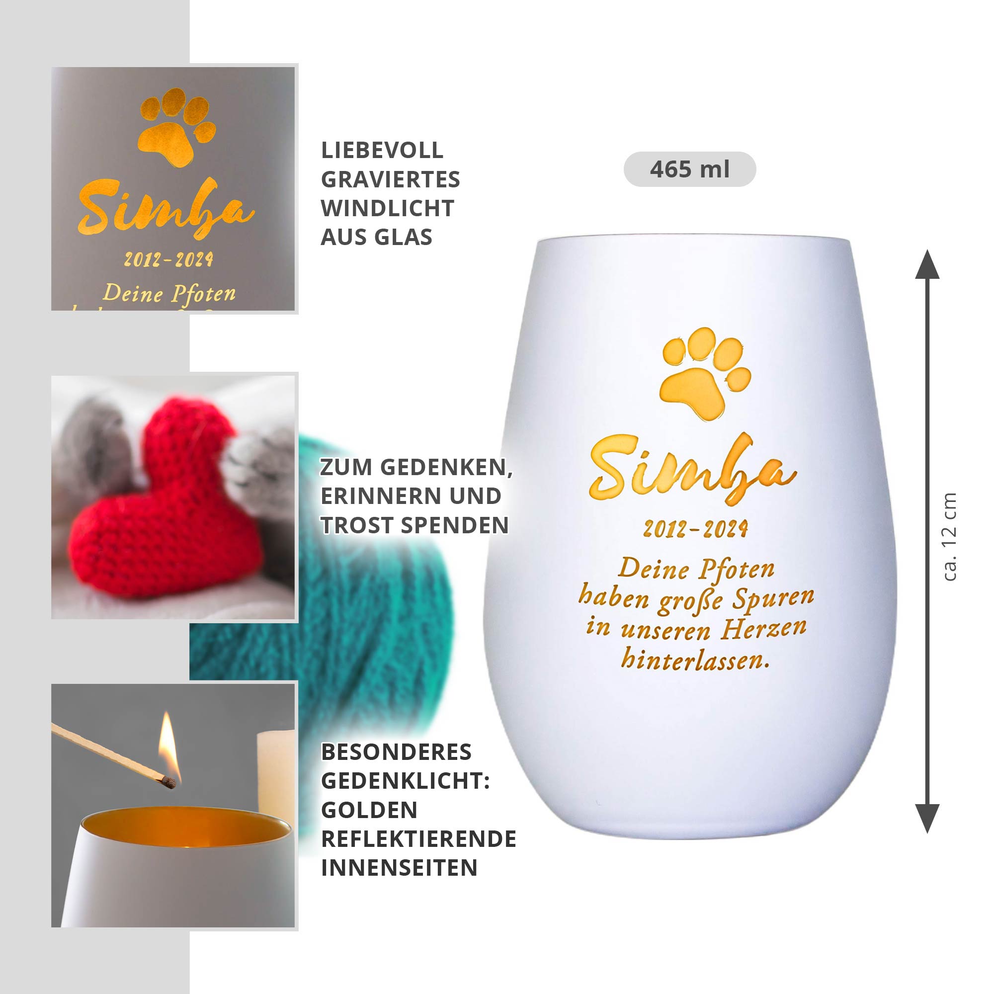 Personalisiertes Windlicht zur Trauer Katze - Weiß Gold