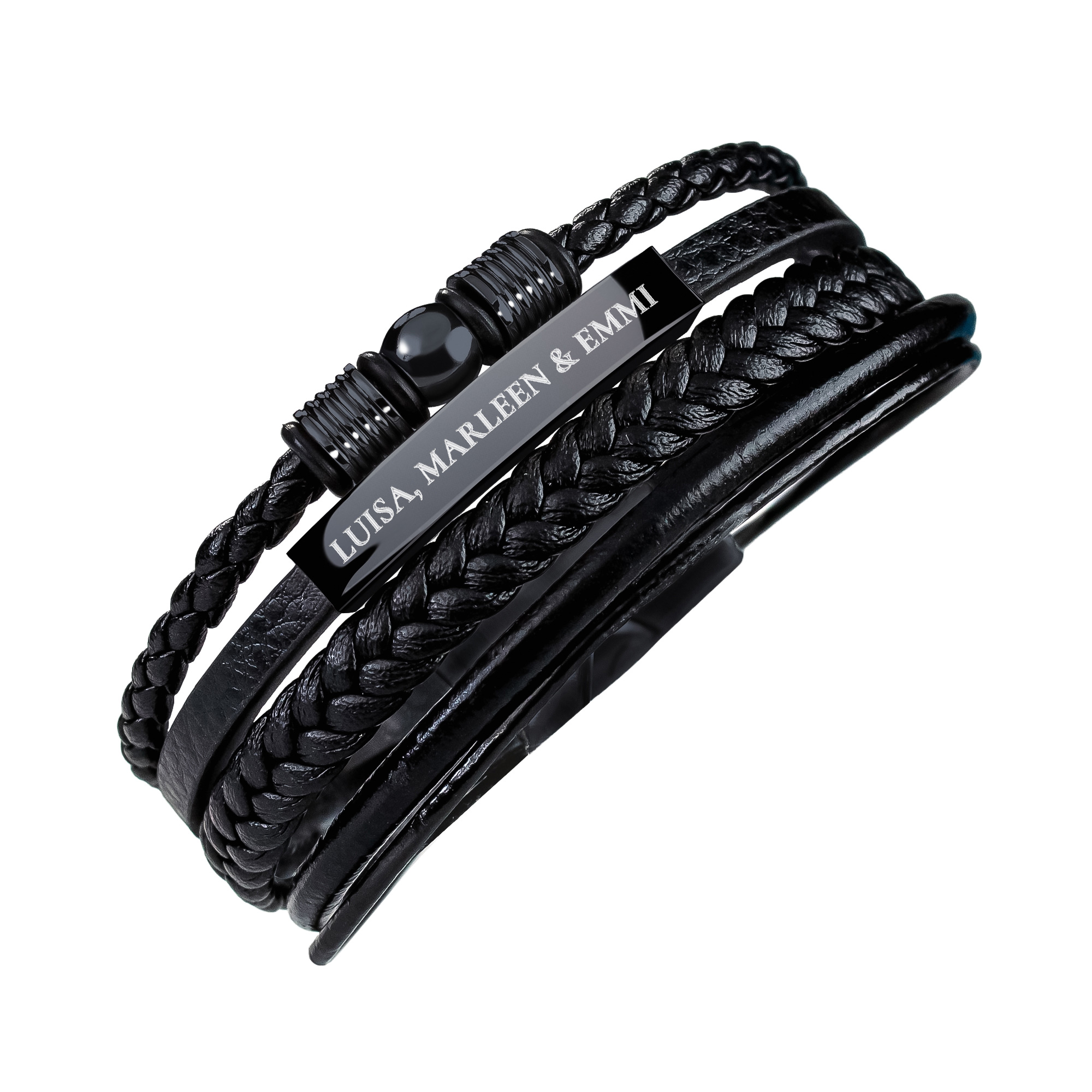 Geflochtenes Herrenarmband mit Beads Schwarz - Wunschtext