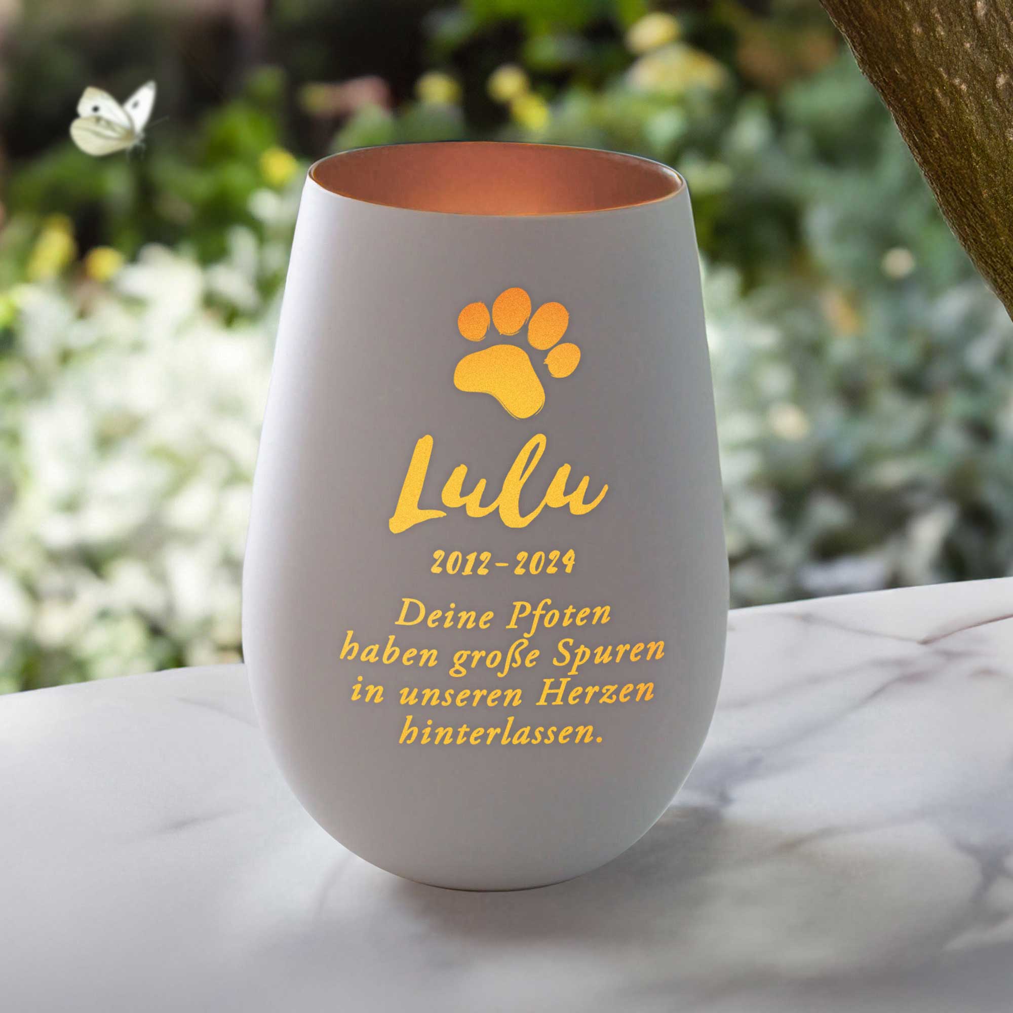 Personalisiertes Windlicht zur Trauer Katze - Weiß Bronze