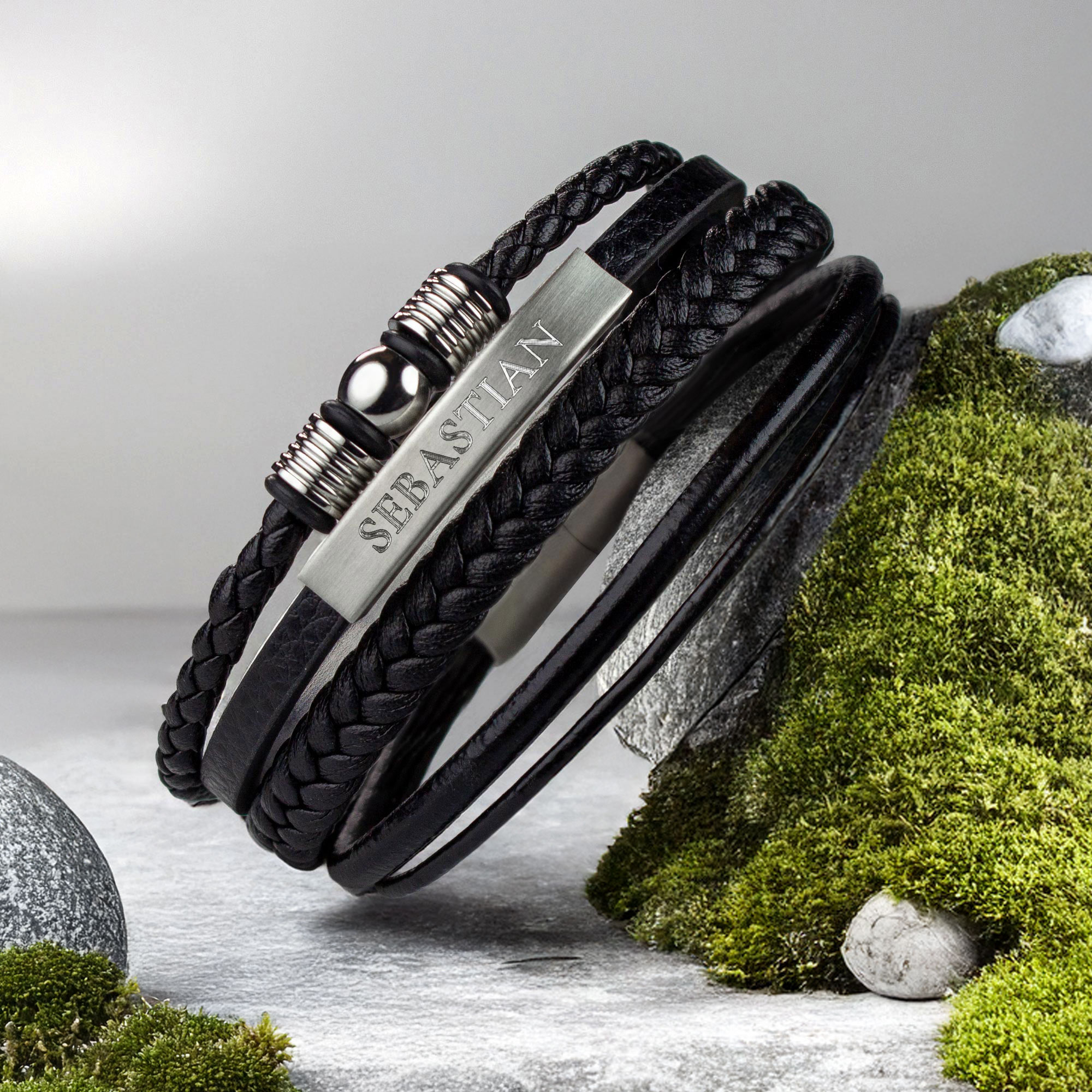 Geflochtenes Herrenarmband mit Beads Silber – Wunschtext