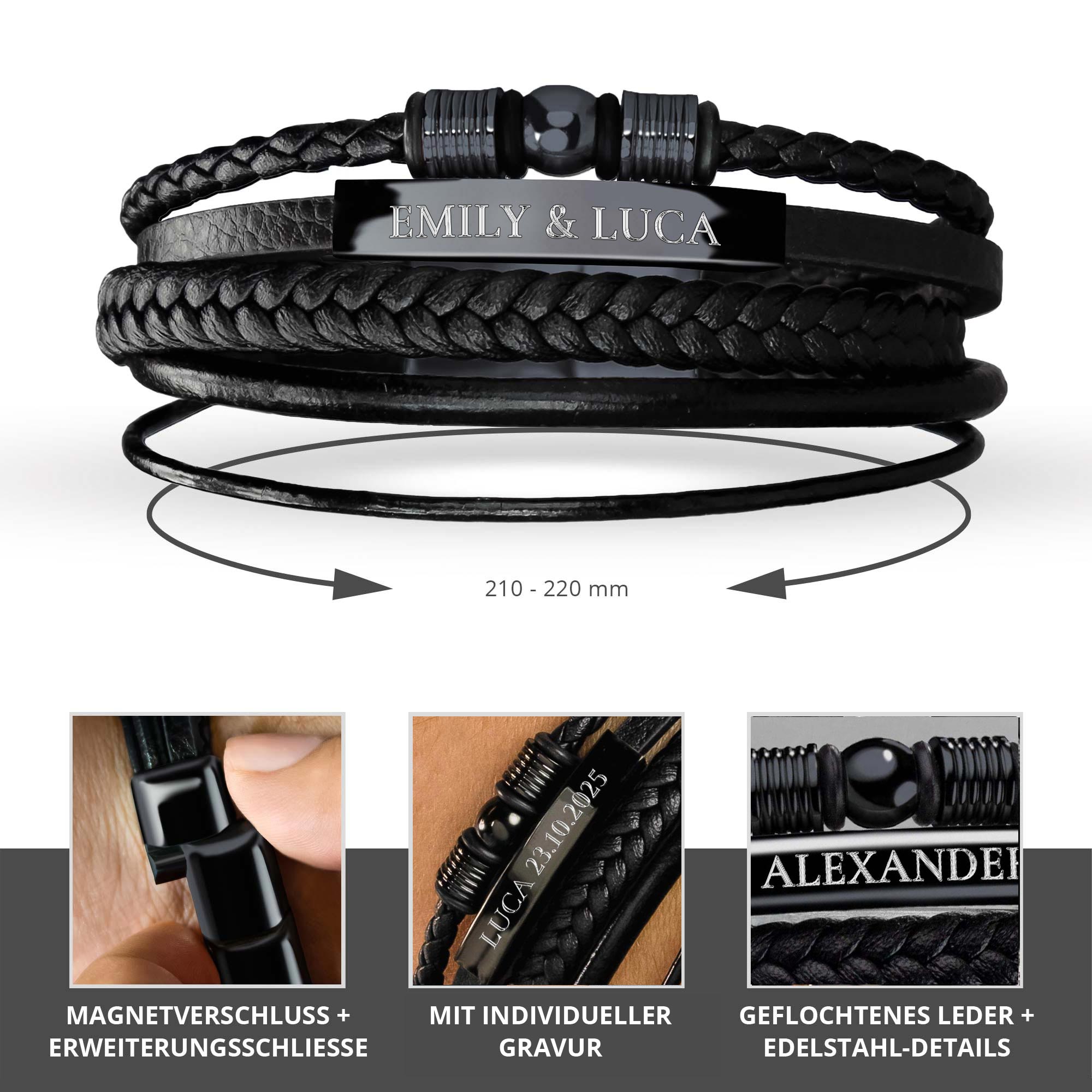 Geflochtenes Herrenarmband mit Beads Schwarz - Wunschtext