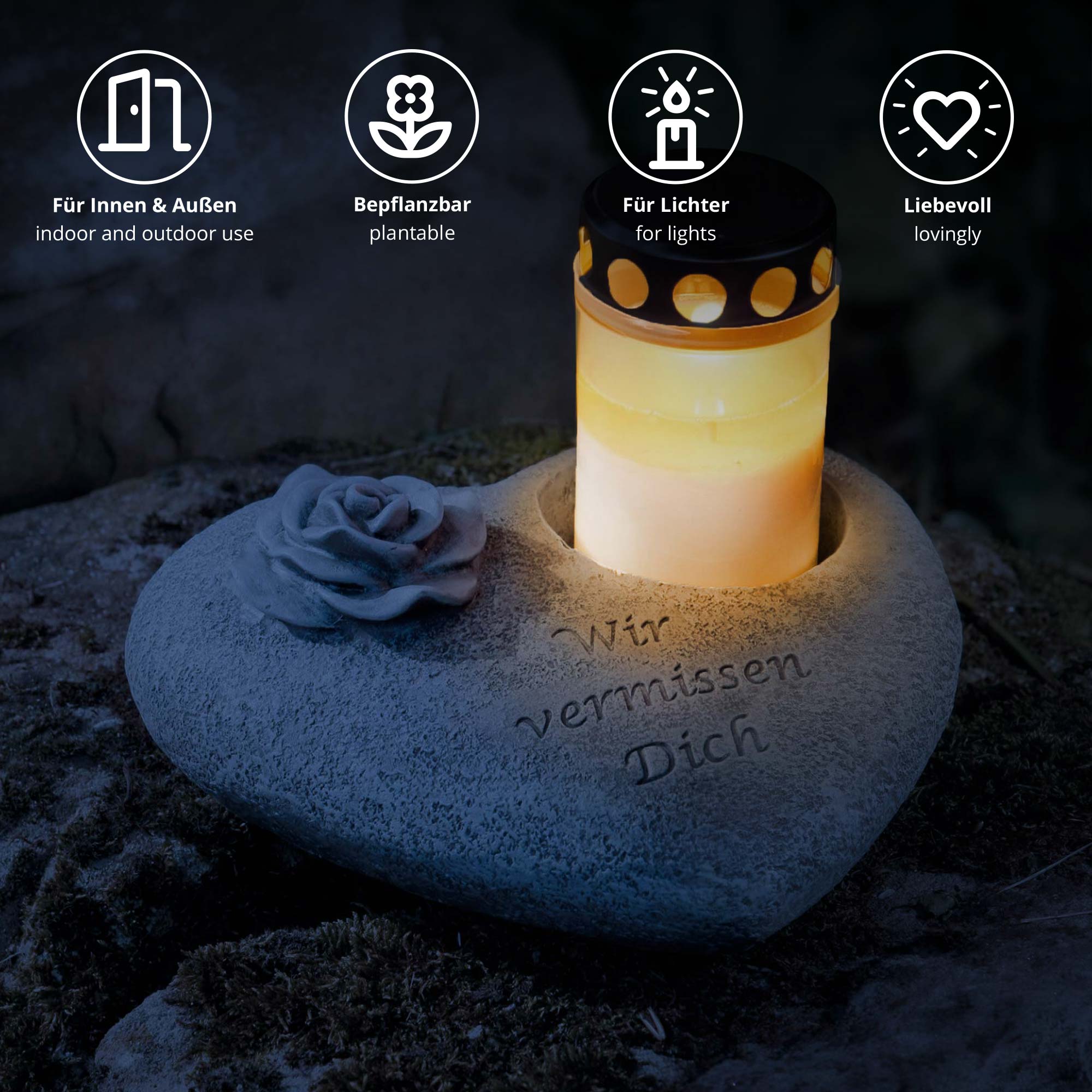 Grabschmuck Trauerherz für Gedenkkerzen - Wir vermissen Dich