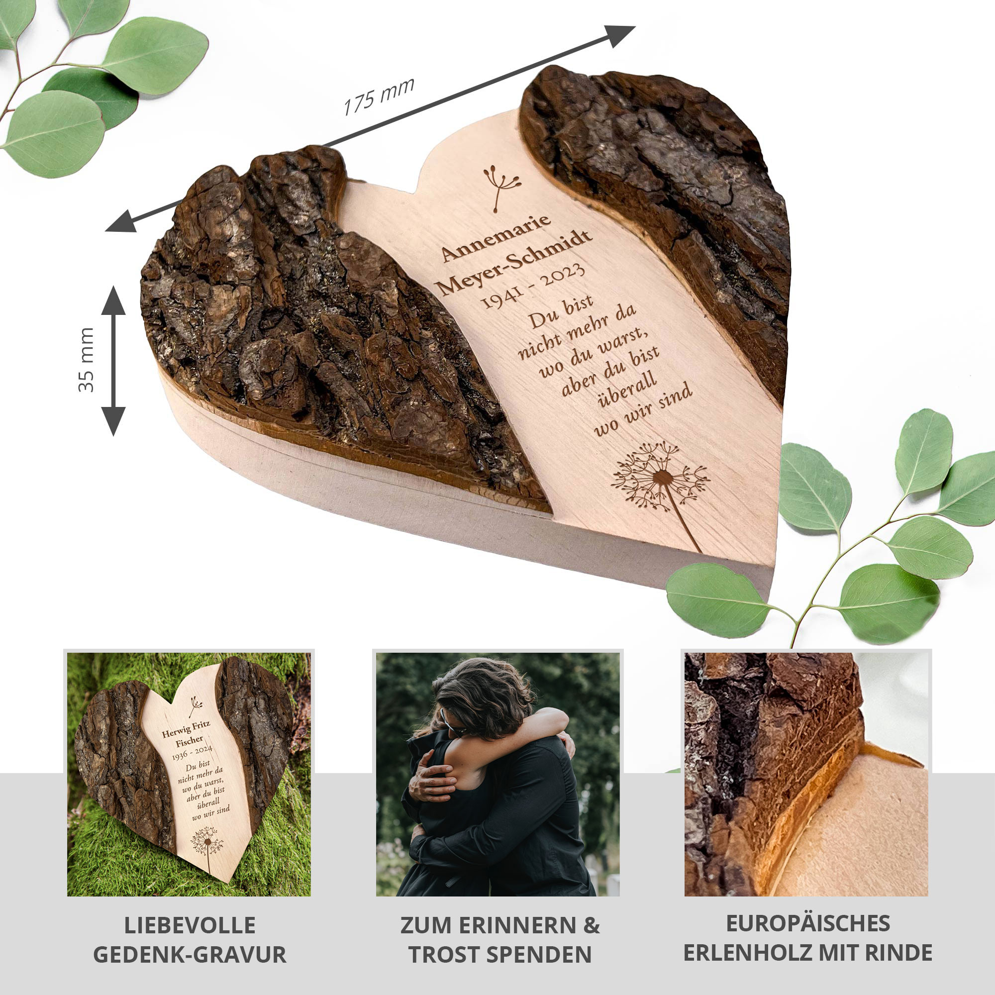 Personalisiertes Holzherz mit Rinde - Trauerblume