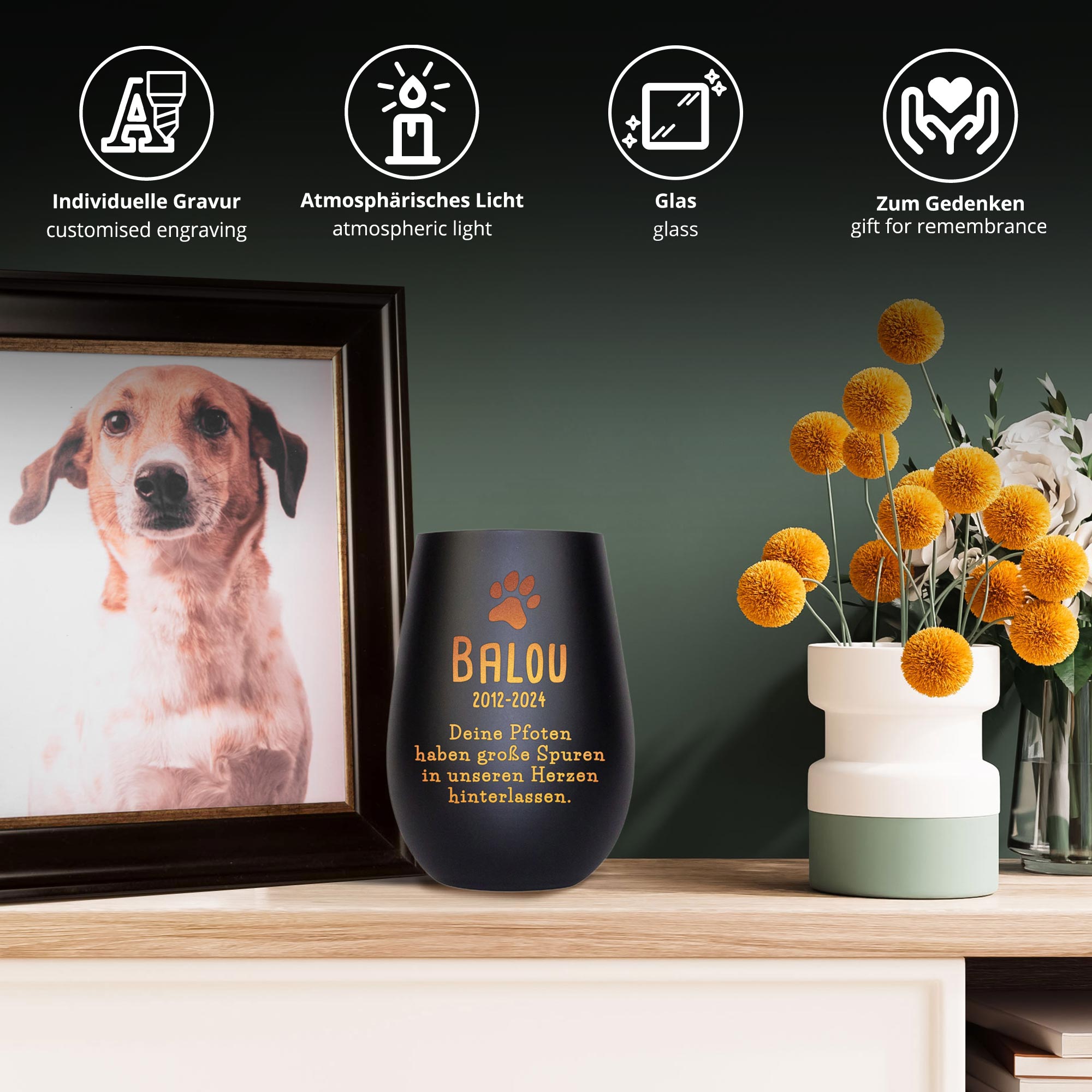Personalisiertes Windlicht zur Trauer Hund - Schwarz Bronze