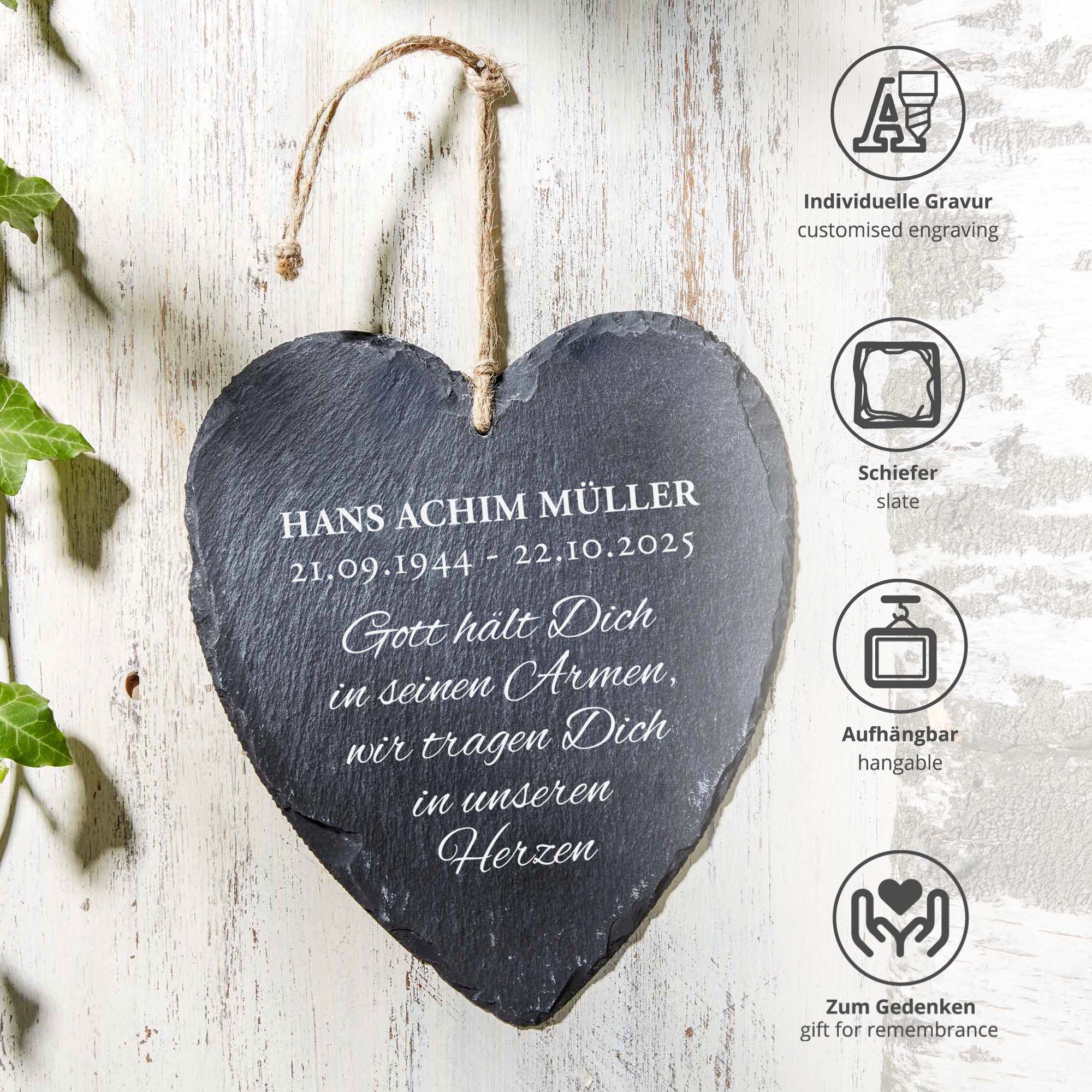Personalisiertes Schieferherz - Gott hält dich in seinen Armen