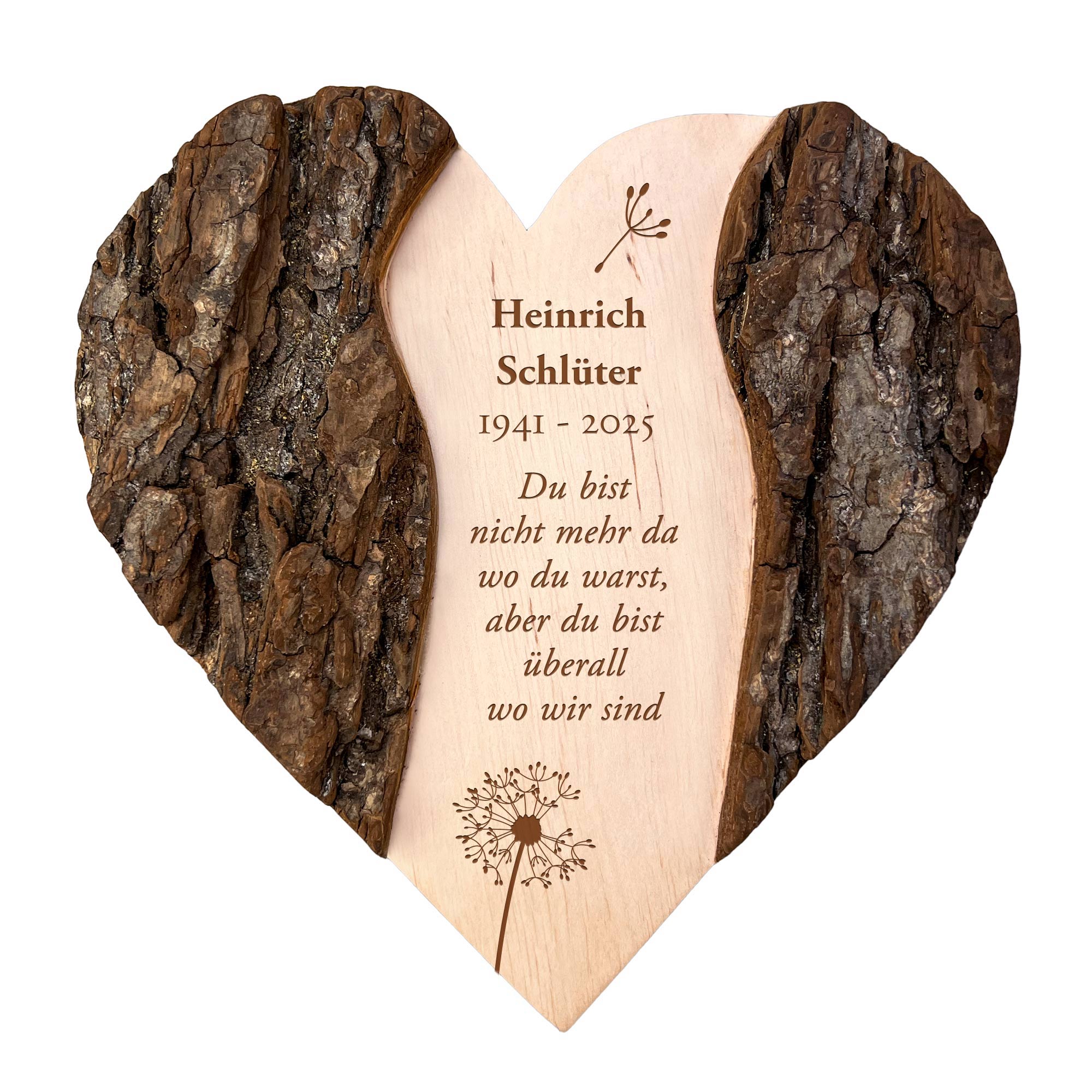 Personalisiertes Holzherz mit Rinde - Trauerblume Personalisiertes Holzherz mit Rinde - Trauerblume