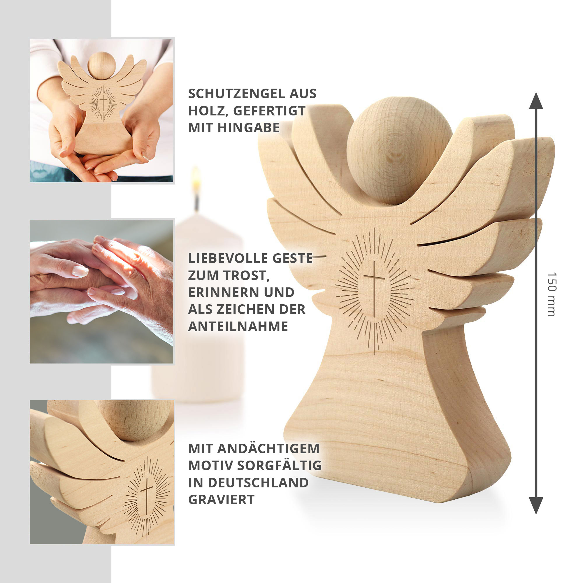 Holzengel mit Gravur - Kreuz