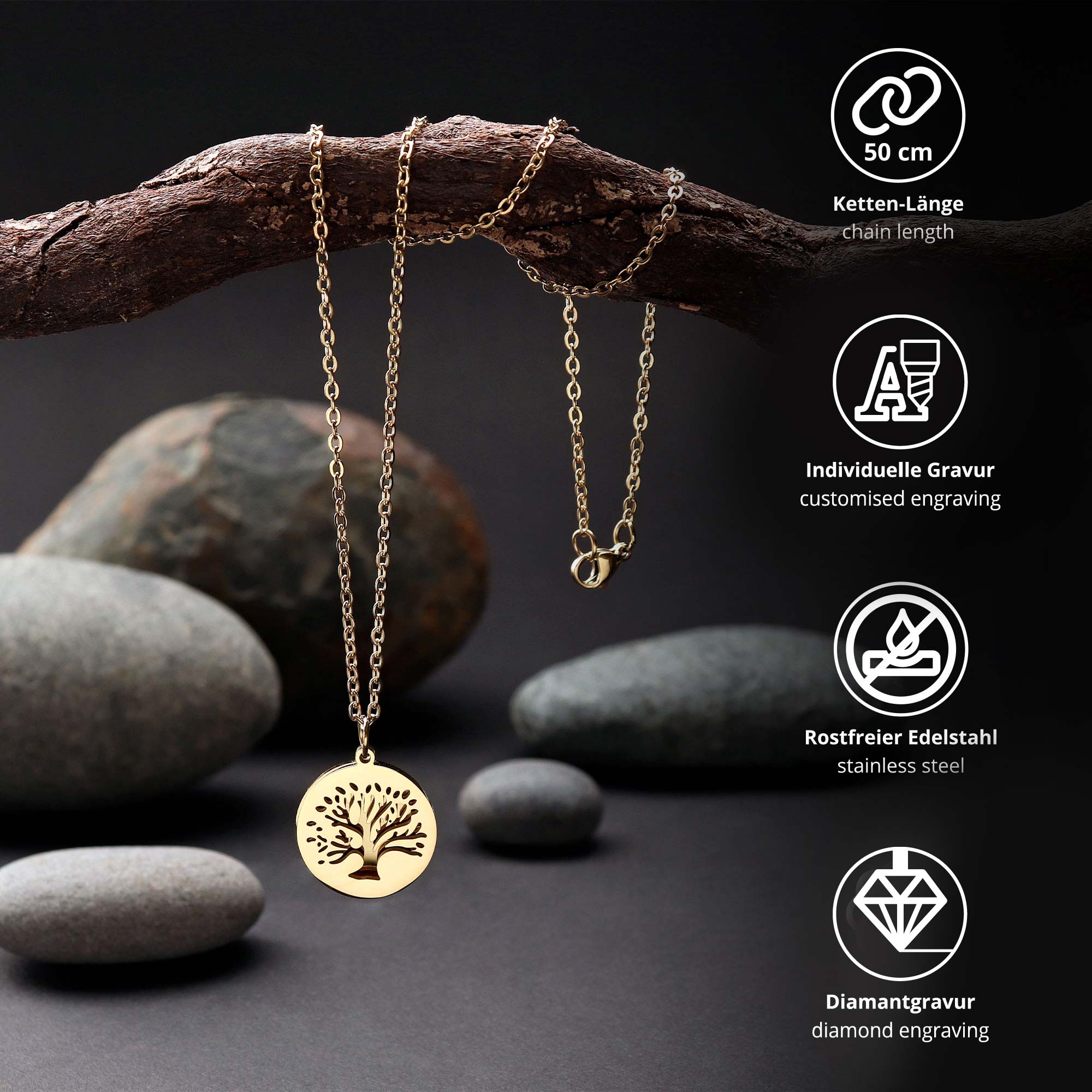Personalisierte Halskette Gold mit 2 Anhängern - Lebensbaum