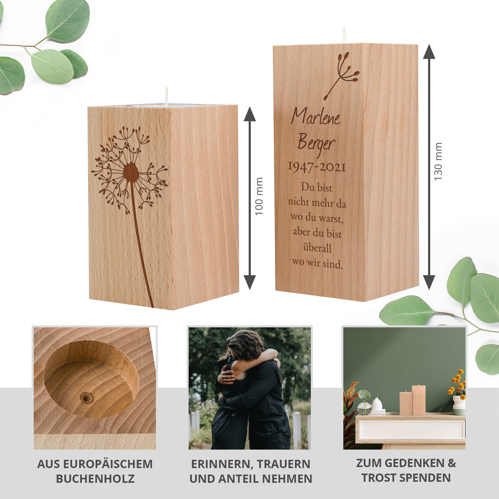Teelichthalter Set mit Gravur zur Trauer - Trauerblume Teelichthalter Set mit Gravur zur Trauer - Trauerblume