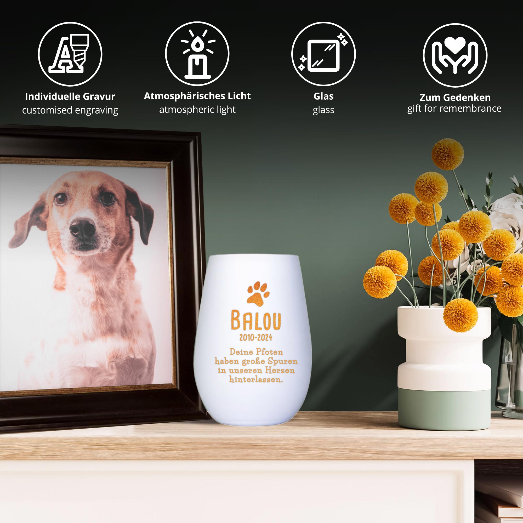 Personalisiertes Windlicht zur Trauer Hund - Weiß Bronze