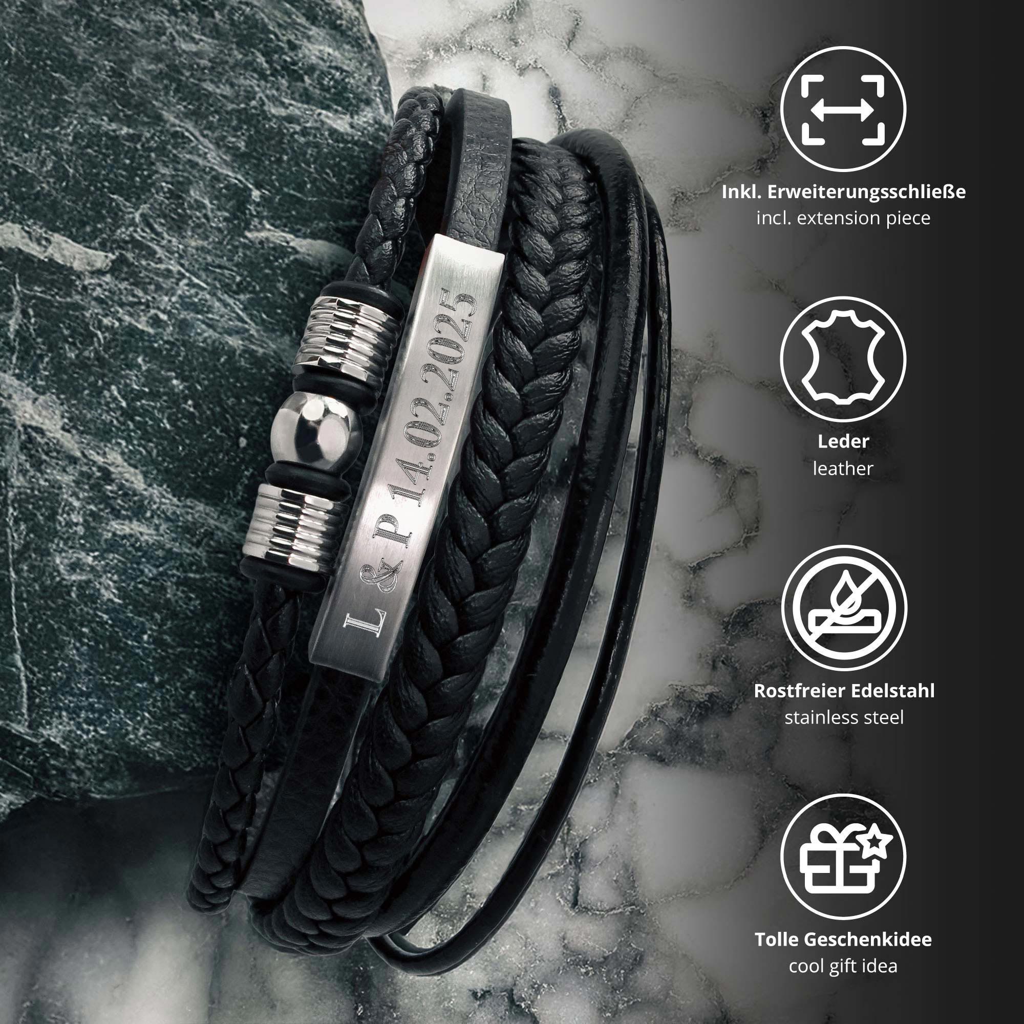 Geflochtenes Herrenarmband mit Beads Silber – Wunschtext