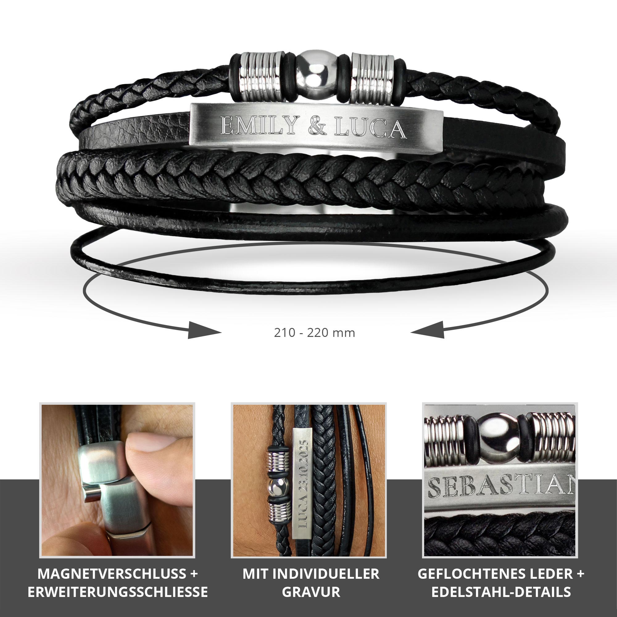 Geflochtenes Herrenarmband mit Beads Silber – Wunschtext