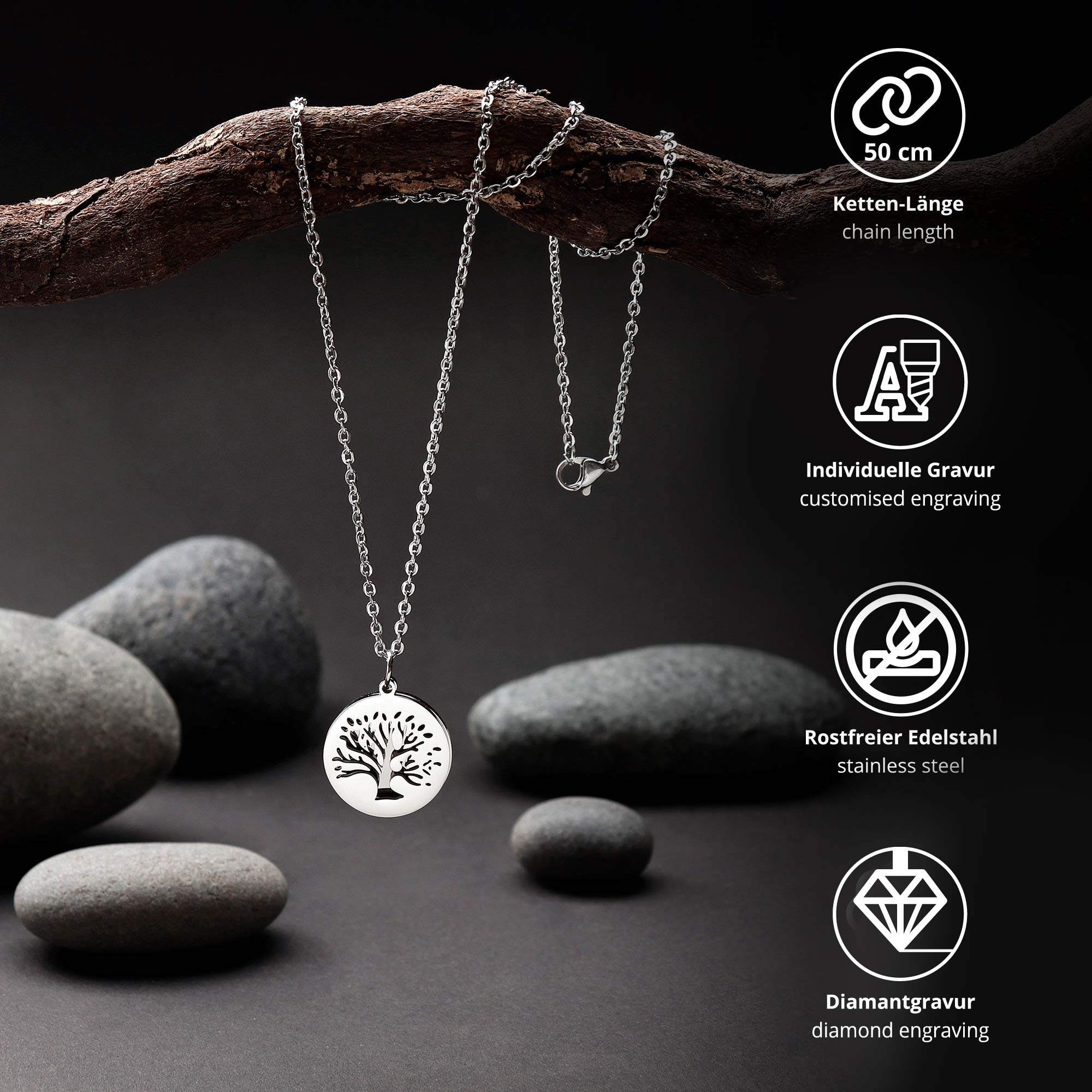 Personalisierte Halskette Silber mit 2 Anhängern - Lebensbaum