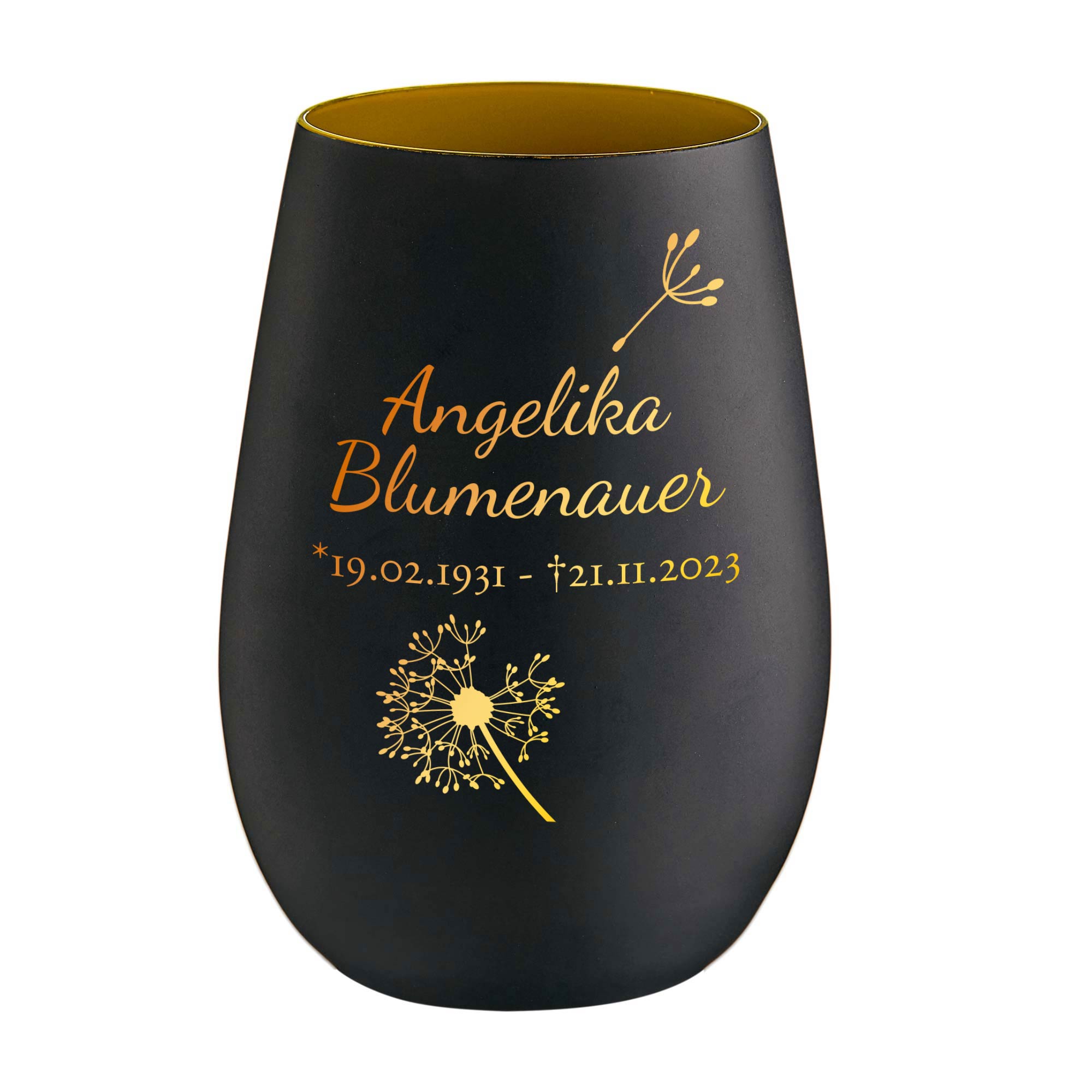 Personalisiertes Windlicht mit Trauerblume - Schwarz Gold