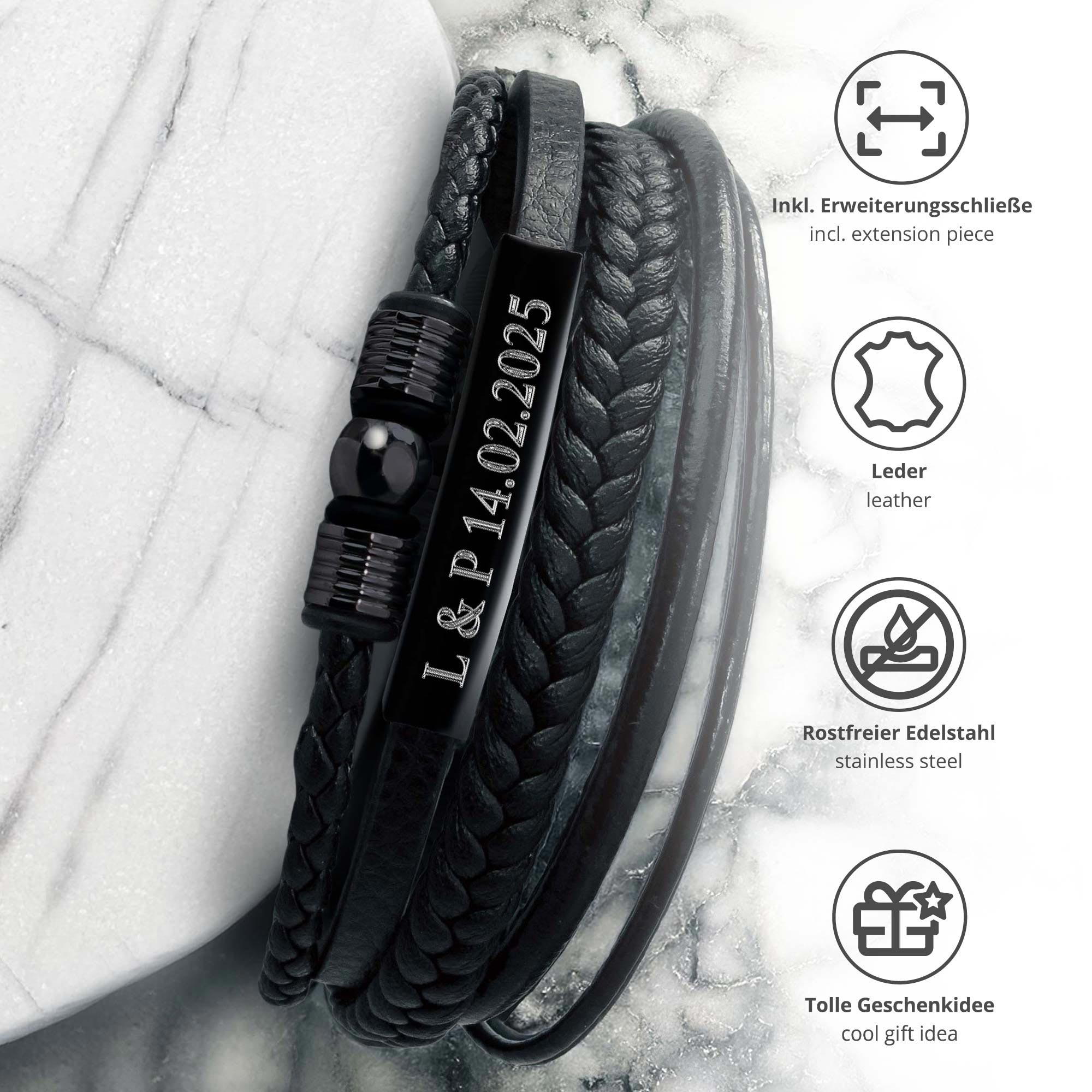 Geflochtenes Herrenarmband mit Beads Schwarz - Wunschtext