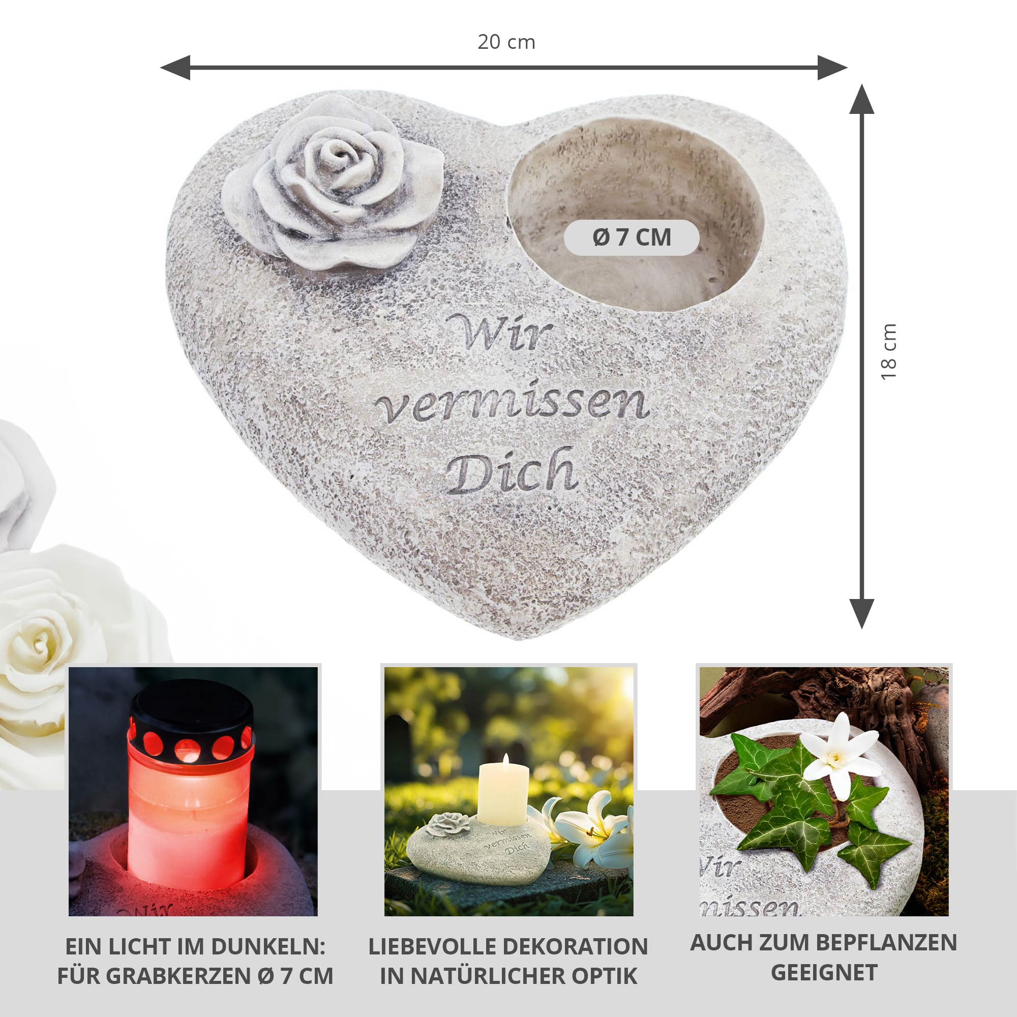 Grabschmuck Trauerherz für Gedenkkerzen - Wir vermissen Dich
