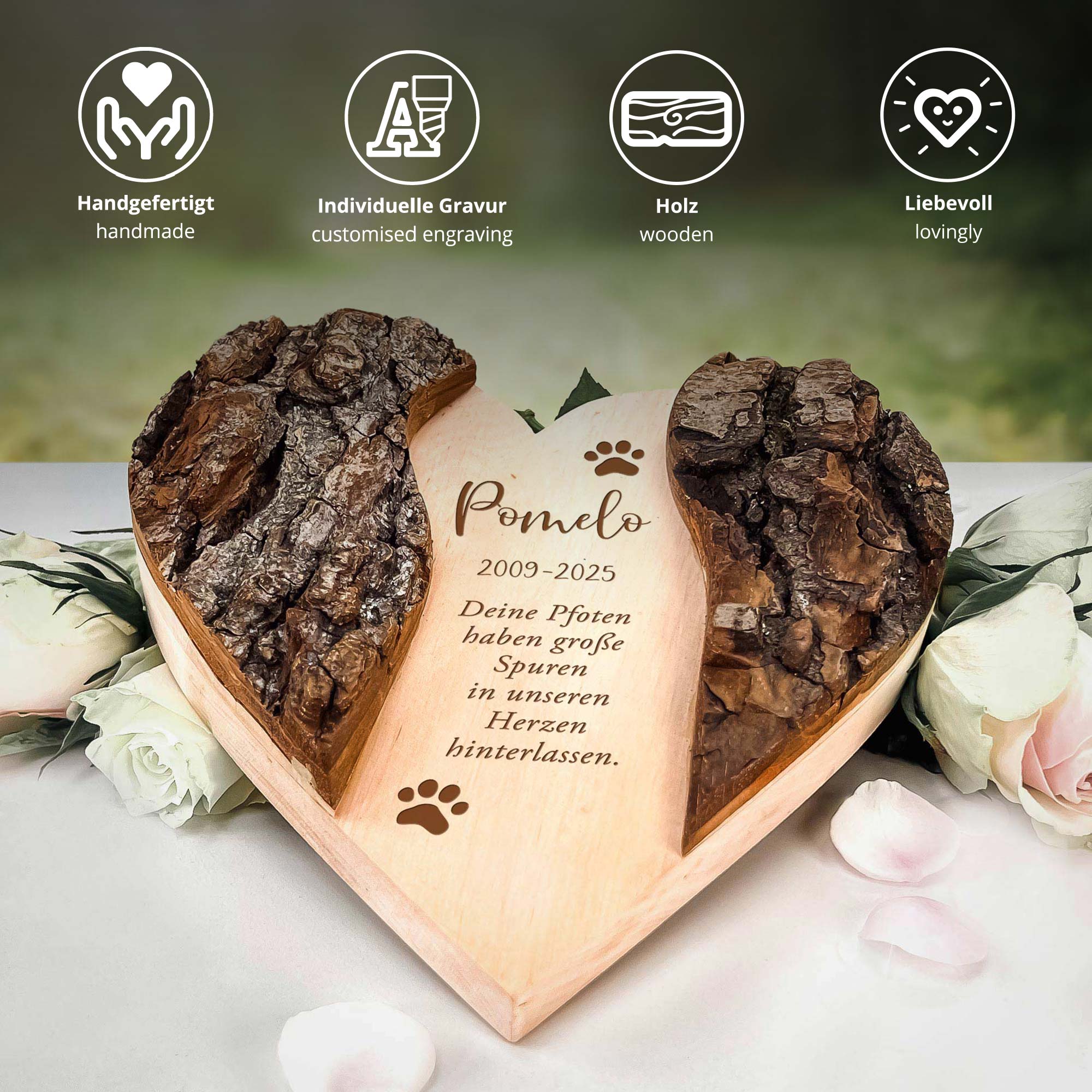 Personalisiertes Holzherz mit Rinde - Katze