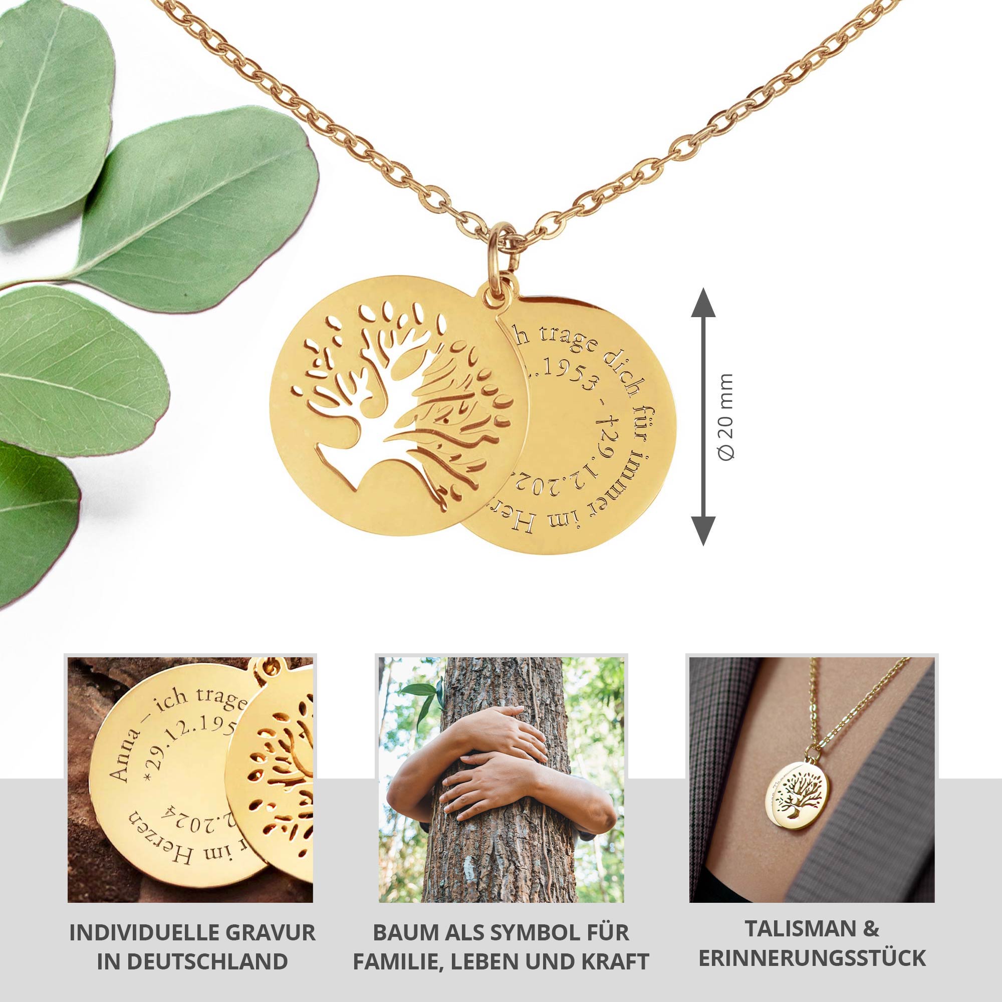 Personalisierte Halskette Gold mit 2 Anhängern - Lebensbaum