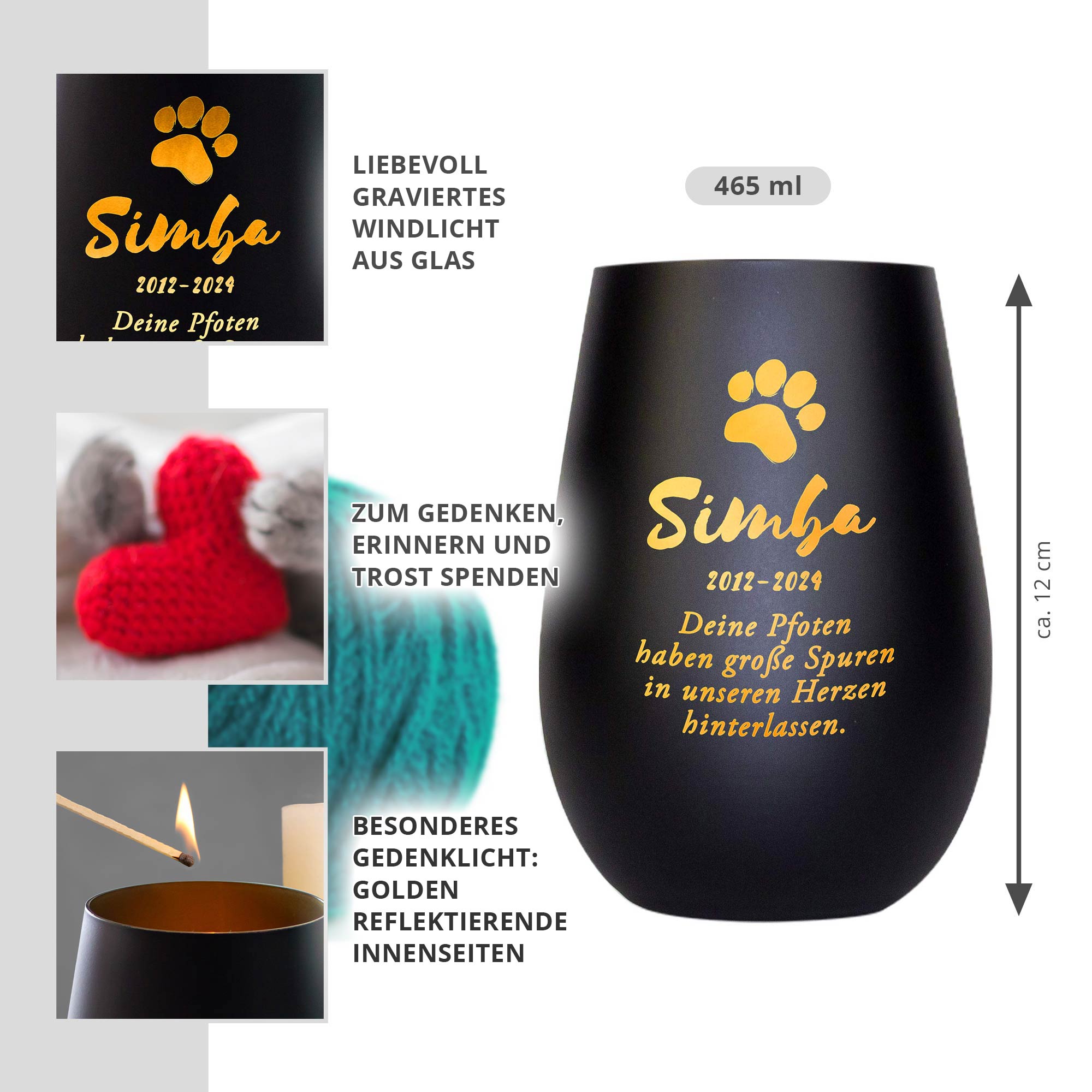 Personalisiertes Windlicht zur Trauer Katze - Schwarz Gold