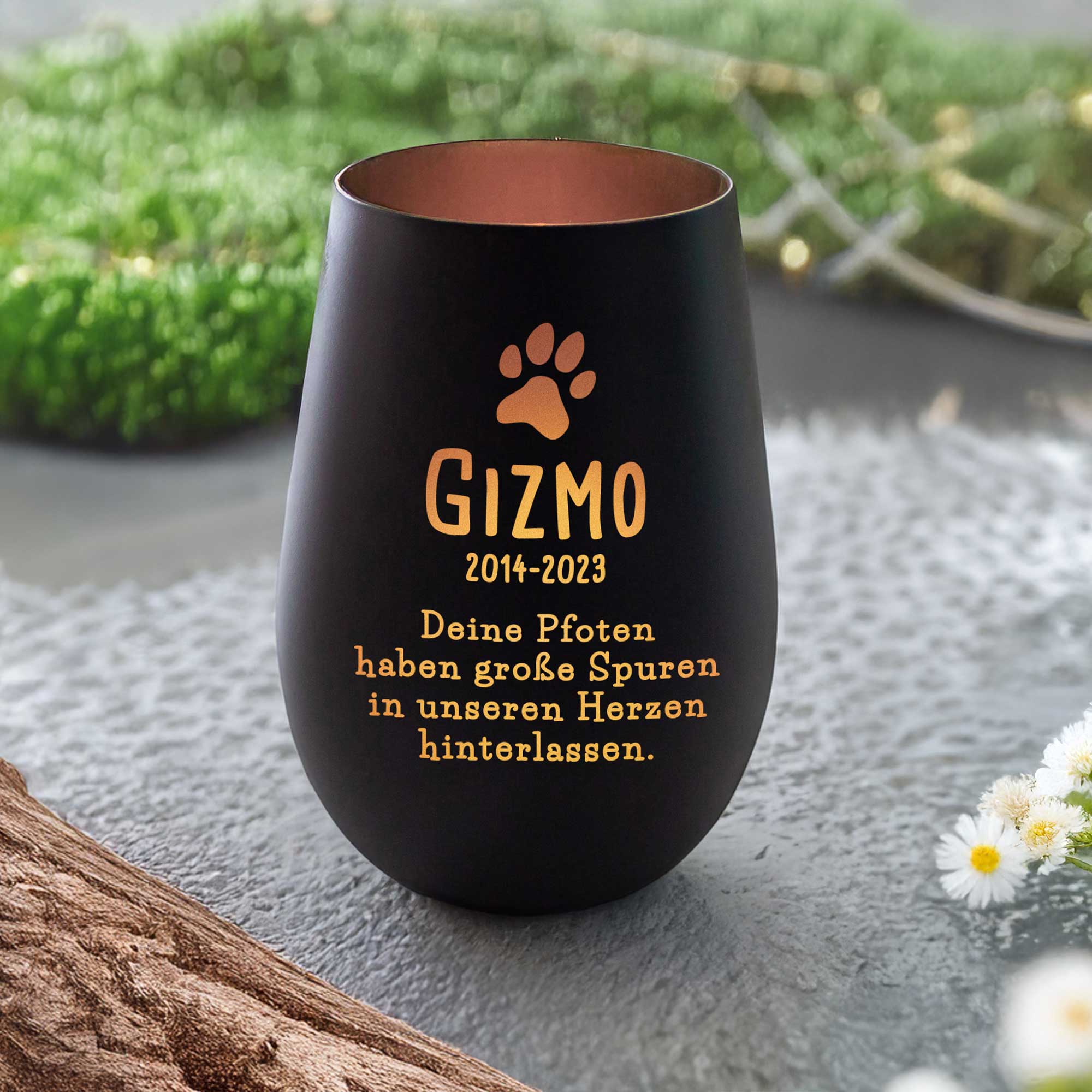 Personalisiertes Windlicht zur Trauer Hund - Schwarz Bronze