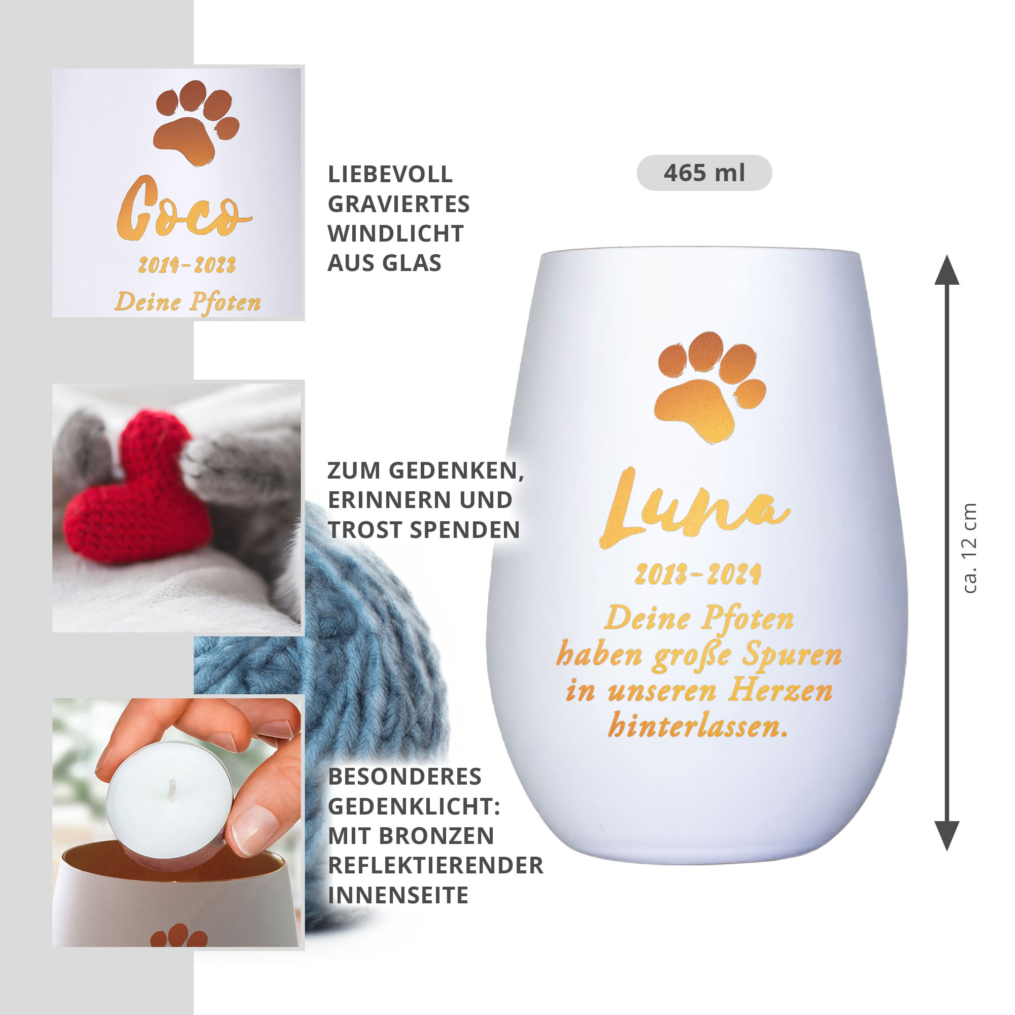 Personalisiertes Windlicht zur Trauer Katze - Weiß Bronze